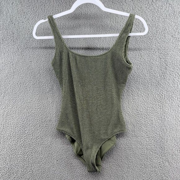 NWT Aerie Olive Green One-piece Swimsuit Full Coverage Ribbed Size Small shimmer - Picture 3 of 14